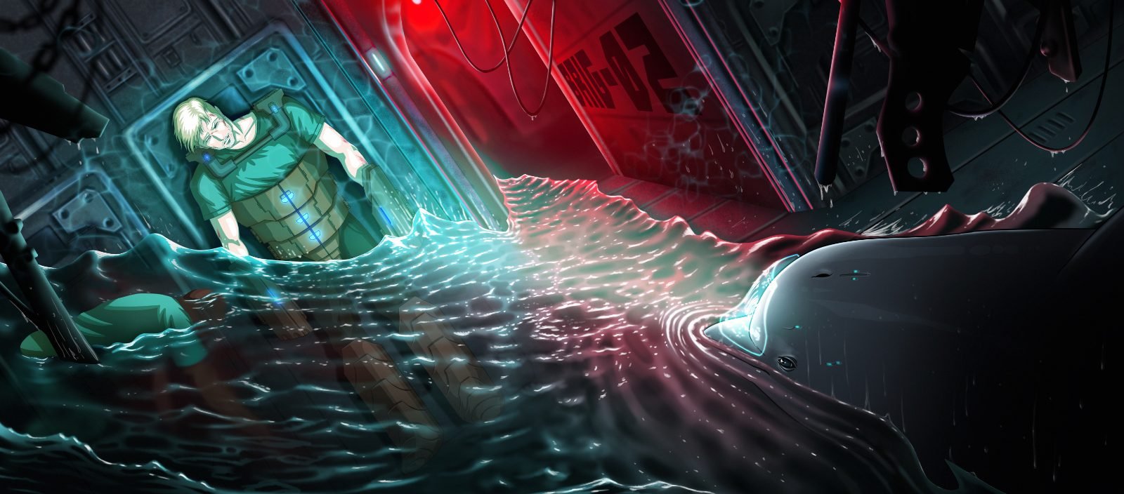 Markus, bound in the flooded brig of the listing Longfin, faces a delphinar whose forehead screen prints text