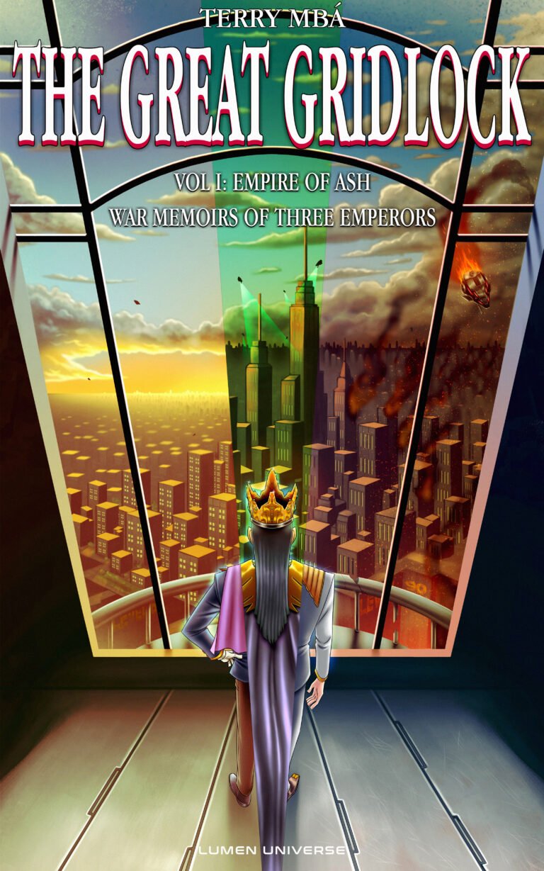 Empire of Ash cover illustration showing an emperor in purple robes overlooking burning vertical cities